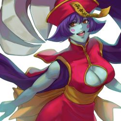 Rule 34 | 1girl, :d, blue skin, blush stickers, breasts, brown eyes, china dress, chinese clothes, cleavage, cleavage cutout, clothing cutout, colored skin, commentary, dress, english commentary, happy, hat, highres, jiangshi, ktovhinao, large breasts, lei lei, looking at viewer, ofuda, open mouth, pink dress, pink hat, purple hair, qingdai guanmao, sash, short hair, simple background, smile, solo, standing, teeth, vampire (game), white background, yellow sash