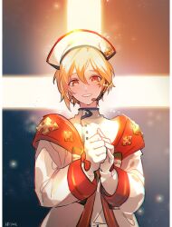 Rule 34 | 1boy, arrow cross, blonde hair, bow, cross, earpiece, ensemble stars!, gloves, glowing, greek cross, hair between eyes, hands up, haun, high collar, highres, jacket, male focus, microphone, nito nazuna, orange eyes, own hands together, parted lips, short hair, smile, solo, upper body, white jacket