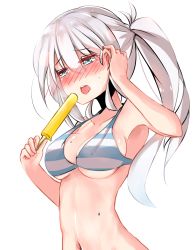 Rule 34 | 1girl, a:n (angrynum), adjusting hair, bad id, bad pixiv id, bikini, blue eyes, blush, breasts, collarbone, eyebrows, food, tucking hair, hand in own hair, highres, ice cream, long hair, medium breasts, navel, open mouth, original, popsicle, silver hair, solo, strap gap, striped bikini, striped clothes, sweat, swimsuit, underboob, upper body, white background