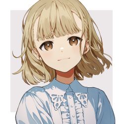 Rule 34 | 1girl, :|, blunt bangs, border, brown eyes, buttons, closed mouth, collared shirt, eyebrows hidden by hair, frilled shirt, frills, grey background, hanamoto, highres, light brown hair, light smile, looking at viewer, original, outside border, shirt, short hair, solo, upper body, white border, white shirt