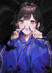 1girl :3 :d black_background black_hair blue_hoodie blush drawstring fake_facial_hair fake_mustache fangs highres hood hood_down hoodie long_sleeves looking_at_viewer open_mouth original pink_eyes puffy_long_sleeves puffy_sleeves short_hair sinomi smile solo upper_body