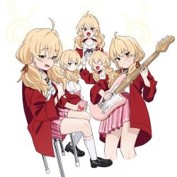 Rule 34 | 1girl, ahoge, angel wings, black footwear, blonde hair, blue archive, blush, chair, closed mouth, drink, drinking straw, electric guitar, fang, guitar, hair between eyes, holding, holding drink, holding instrument, instrument, jacket, long hair, low twintails, multiple views, official alternate costume, open clothes, open jacket, open mouth, pink skirt, pleated skirt, red jacket, shirt, shoes, simple background, skin fang, skirt, socks, twintails, white background, white shirt, white socks, wings, yamada seimei, yellow eyes, yoshimi (band) (blue archive), yoshimi (blue archive)
