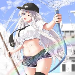 Rule 34 | 1girl, ;d, azur lane, baseball cap, black hat, black thighhighs, blue shorts, breasts, collared shirt, cowboy shot, crop top, cutoffs, day, denim, denim shorts, enchuu kakiemon, enterprise (azur lane), front-tie top, hat, highres, holding, hose, large breasts, long hair, looking at viewer, midriff, navel, necktie, one eye closed, open mouth, outdoors, outstretched arm, purple eyes, shirt, short shorts, short sleeves, shorts, skindentation, smile, solo, standing, stomach, thighhighs, thighs, very long hair, water, white hair, white shirt