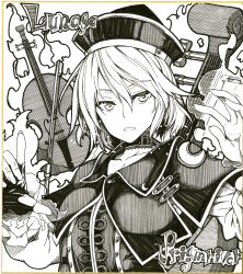 Rule 34 | 1girl, bow (music), capelet, character name, collarbone, commentary request, greyscale, hat, highres, instrument, ishida kazuma, long sleeves, looking at viewer, lunasa prismriver, monochrome, open mouth, shikishi, solo, touhou, traditional media, violin