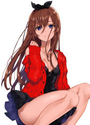 Rule 34 | 1girl, arisaka ako, bare legs, black bow, black dress, blue eyes, bow, brown hair, cardigan, dress, grey background, hair bow, hand up, highres, long hair, looking at viewer, open cardigan, open clothes, original, parted lips, purple eyes, short dress, simple background, sitting, sleeves past wrists, solo, thighs