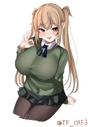 Rule 34 | 1girl, absurdres, alternate costume, black ribbon, breasts, brown eyes, brown pantyhose, collared shirt, green sweater, hair flaps, hair ribbon, highres, huge breasts, kantai collection, light brown hair, long sleeves, murasame (kancolle), neckerchief, pantyhose, ribbon, school uniform, sexually suggestive, shirt, sitting, solo, sweater, tf cafe, twintails, twitter username, white background