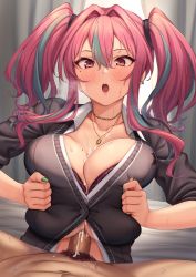 Rule 34 | 1boy, 1girl, absurdres, azur lane, blush, breasts, breasts squeezed together, bremerton (azur lane), cardigan, censored, collared shirt, cum, cum on body, cum on breasts, cum on upper body, earrings, green nails, hair between eyes, heavy breathing, hetero, highres, huge breasts, jewelry, long hair, looking at viewer, mole, mole under eye, momo no sukebe, mosaic censoring, multicolored hair, multiple earrings, nail polish, open mouth, paizuri, paizuri under clothes, penis, pink eyes, pink hair, pov, shirt, solo focus, streaked hair, sweat, twintails, white shirt