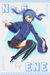 Rule 34 | 1girl, aqua thighhighs, black skirt, black thighhighs, blue eyes, blue hair, blue jacket, blue stripes, blunt ends, character name, collared jacket, commentary, cropped legs, diagonal stripes, double-parted bangs, ene (kagerou project), facial mark, hair between eyes, headphones, highres, jacket, kagerou project, koyon, long hair, looking at viewer, mekakucity actors, midair, miniskirt, multicolored background, multicolored clothes, multicolored jacket, one eye closed, open mouth, pleated skirt, polka dot, polka dot background, popped collar, single stripe, skirt, sleeves past elbows, smile, solo, striped clothes, striped jacket, symbol-only commentary, teeth, thighhighs, track jacket, twintails, two-tone jacket, two-tone thighhighs, upper teeth only, v, very long sleeves, white background, white jacket, white stripes, zipper