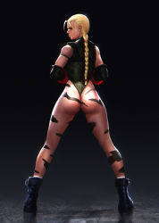 Rule 34 | 1girl, ass, back, blonde hair, boots, braid, cammy white, camouflage, from behind, full body, highres, image sample, leotard, looking back, salvador trakal, single braid, solo, street fighter, thong leotard