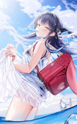 Rule 34 | 1girl, absurdres, backpack, bag, bare arms, blue hair, blue sky, blush, cloud, colored inner hair, day, dress, food, food in mouth, hair ornament, hair ribbon, highres, long hair, looking at viewer, looking to the side, mouth hold, multicolored hair, one-piece swimsuit, original, outdoors, popsicle, randoseru, ribbon, school swimsuit, see-through, skirt hold, sky, sleeveless, sleeveless dress, solo, swimsuit, swimsuit under clothes, two side up, wading, water, white dress, white ribbon, yellow eyes, yunmi 0527