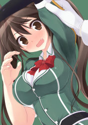 Rule 34 | 10s, 1girl, @ @, admiral (kancolle), arm up, armpits, blush, bow, bowtie, breasts, brown eyes, brown hair, buttons, embarrassed, fang, gloves, green background, green jacket, hair between eyes, hand up, highres, image sample, jacket, kantai collection, large breasts, long hair, long sleeves, looking at viewer, looking down, nose blush, open mouth, out of frame, red bow, remodel (kantai collection), ruton-niki, simple background, solo focus, sweat, sweat stain, tears, tone (kancolle), twintails, upper body, wavy mouth, white gloves, wing collar