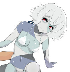 Rule 34 | 10s, 1girl, arm support, bikini, bikini top only, blush, bottomless, breasts, collarbone, colored skin, convenient censoring, grey hair, grey skin, hair ornament, highres, konno junko, leaning to the side, looking at viewer, low twintails, medium breasts, navel, out-of-frame censoring, radio (mei99), red eyes, short hair, simple background, sitting, smile, solo focus, stitched arm, stitched face, stitched leg, stitched torso, stitches, sweat, swimsuit, twintails, white background, white bikini, zombie, zombie land saga