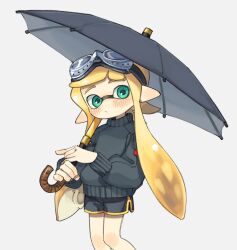 Rule 34 | 1girl, aqua eyes, black shorts, blonde hair, blush, daidaiika, dolphin shorts, goggles, goggles on head, grey background, holding, holding umbrella, inkling, inkling girl, inkling player character, looking at viewer, nintendo, pointy ears, shorts, simple background, solo, splatoon (series), sweater, tentacle hair, umbrella