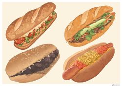 Rule 34 | beige background, bread, bread bun, carrot, cucumber, cucumber slice, fajar kurniawan, food, food focus, hot dog, meat, no humans, onion, original, pastry, sandwich, sauce, sausage, sesame seeds, signature, simple background, still life, vegetable