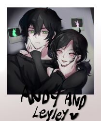 Rule 34 | 1boy, 1girl, andrew graves, ashley graves, black hair, black sweater, brother and sister, closed mouth, english text, green eyes, hair between eyes, hand on another&#039;s chin, heart, highres, long sleeves, looking at viewer, open mouth, pink eyes, polaroid, ponytail, siblings, sweater, the coffin of andy and leyley, tongue, tongue out, upper body, watasi tokimi