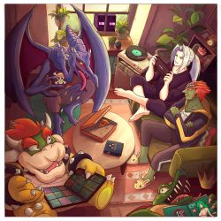 Rule 34 | absurdres, animal slippers, book, bowser, bunny slippers, claws, coffee table, colored skin, couch, creatures (company), donkey kong (series), donkey kong country, enderman, final fantasy, final fantasy vii, food, game freak, ganondorf, green skin, highres, horns, jacket, jolly roger, kid icarus, king k. rool, looking at another, mario (series), metroid, minecraft, nintendo, no nipples, one piece, orange hair, palutena, phonograph, pizza, plant, pokemon, pokemon card, pornography, potted plant, ridley, rug, sephiroth, sharp teeth, slippers, steam deck, straw hats jolly roger, super smash bros., table, tank top, teeth, the legend of zelda, the legend of zelda: ocarina of time, track jacket, trading card, trait connection, truejekart, valve