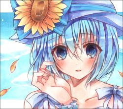 Rule 34 | 1girl, alternate costume, blue bow, blue eyes, blue hair, blue sky, bluestar iz, blush, bow, claire elford, collarbone, flower, hair between eyes, hand in own hair, hat, hat bow, hat flower, highres, letterboxed, looking at viewer, outside border, parted lips, petals, portrait, short hair, sky, smile, solo, spaghetti strap, sun hat, sunflower, white bow, white hat, witch&#039;s heart