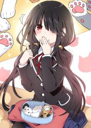 Rule 34 | 1girl, bench, bento, black hair, black jacket, black pantyhose, blue skirt, blush, cat, chopsticks, covering own mouth, date a live, eating, hair over one eye, hand over own mouth, highres, holding, holding chopsticks, jacket, long hair, long sleeves, low twintails, mhworld424, pantyhose, paw print, red eyes, school uniform, shirt, sitting, skirt, solo, tokisaki kurumi, twintails, very long hair, white shirt, wing collar