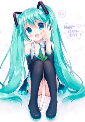 Rule 34 | 1girl, aqua hair, aqua nails, aqua necktie, between legs, black footwear, blue eyes, blush, boots, collared shirt, detached sleeves, full body, grey shirt, hair between eyes, happy birthday, hatsune miku, heart, knees up, leaning to the side, legs together, long hair, looking at viewer, nail polish, necktie, ok sign, open mouth, pigeon-toed, shirt, sitting, sleeveless, sleeveless shirt, smile, solo, spring onion, tareme, thigh boots, thighhighs, thighs, twintails, usashiro mani, very long hair, vocaloid