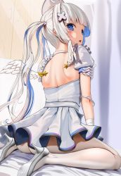 Rule 34 | 1girl, amane kanata, amane kanata (nurse), angel wings, back, blue eyes, blue hair, blunt bangs, colored inner hair, dress, from behind, gloves, grey footwear, hair ornament, hat, high heels, highres, hololive, looking back, multicolored hair, nurse cap, on bed, pantyhose, parted lips, pink hair, puffy short sleeves, puffy sleeves, short sleeves, sidelocks, sitting, solo, streaked hair, takahira (takahirac562), twintails, virtual youtuber, white dress, white gloves, white hair, white pantyhose, wings, x hair ornament