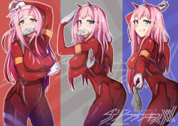 Rule 34 | 10s, 1girl, :q, blue eyes, blush, bodysuit, breasts, commentary, copyright name, covered navel, darling in the franxx, fish, from side, gloves, hairband, hand up, horns, large breasts, leaning forward, long hair, looking at viewer, mouth hold, multiple views, myumi, pink hair, red bodysuit, skin tight, smile, standing, tongue, tongue out, white gloves, zero two (darling in the franxx)