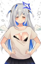 Rule 34 | 1girl, amane kanata, angel wings, asymmetrical bangs, blue hair, blush, bra, breasts, cleavage, closed eyes, colored inner hair, grey hair, halo, hololive, lace, lace bra, long hair, mini wings, multicolored hair, optical illusion, pleated skirt, shirt, simple background, single hair intake, skirt, small breasts, solo, star halo, streaked hair, t-shirt, tako 8 yaki, two side up, underwear, virtual youtuber, white background, wings