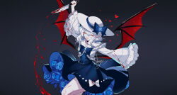 Rule 34 | 1girl, :d, ^ ^, arm up, artist name, black background, blood, blood on clothes, blood on leg, bloody weapon, blue dress, blush stickers, closed eyes, commentary, demon wings, dress, hair between eyes, heart, highres, holding, holding knife, holding weapon, knife, long sleeves, medium hair, open mouth, original, pale skin, pointy ears, sheya, signature, simple background, smile, solo, weapon, white hair, white headwear, wide sleeves, wings