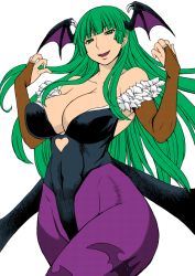 Rule 34 | 1girl, animal print, artist request, bare shoulders, bat print, bat wings, blue eyes, blush, boots, breasts, bridal gauntlets, capcom, covered erect nipples, demon girl, elbow gloves, gloves, green hair, head wings, large breasts, leotard, long hair, morrigan aensland, pantyhose, print pantyhose, solo, thick thighs, thighs, vampire (game), wings