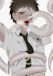 Rule 34 | 1boy, absurdres, animal, arms up, artist name, badge, blush, breast pocket, brown hair, clothes lift, collared shirt, commentary request, danganronpa (series), danganronpa 2: goodbye despair, green necktie, grey eyes, highres, hinata hajime, long tongue, looking at viewer, male focus, necktie, open mouth, pocket, saliva, scales, shirt, shirt lift, short hair, snake, solo, tongue, tongue out, tuteurfars shin, upper body, white shirt, white snake