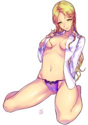 Rule 34 | 1girl, areola slip, bad id, bad pixiv id, blonde hair, breasts, dress shirt, earrings, full body, gluteal fold, green eyes, twirling hair, highres, jewelry, lips, medium breasts, nan, navel, open clothes, open shirt, panties, purple panties, shirt, sitting, smile, solo, underwear, wariza, wavy hair, white background, white shirt