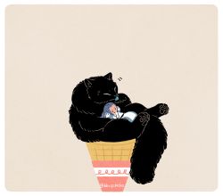 Rule 34 | 1boy, animal, bbvip neko, black cat, blue hair, cat, closed eyes, ice cream cone, long hair, luo xiaohei, luo xiaohei zhanji, no nose, oversized animal, oversized food, oversized object, simple background, tan background, twitter username, wuxian (the legend of luoxiaohei)