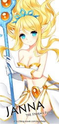 Rule 34 | 1girl, aqua eyes, bare shoulders, blonde hair, blush, breasts, character name, cleavage, english text, janna (league of legends), league of legends, long hair, navel, opalheart, pointy ears, simple background, smile, solo, staff, watermark, web address, white background