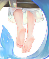Rule 34 | 1girl, barefoot, chunkyeggy, commentary, dress, english commentary, feet, fins, fish tail, foot focus, gawr gura, highres, hololive, hololive english, lower body, shark girl, shark tail, simple background, sitting, soles, solo, tail, toes, virtual youtuber, white background, white dress