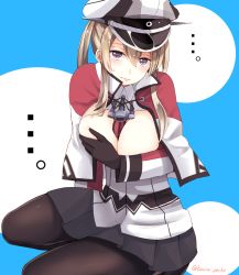 Rule 34 | 10s, 1girl, bad id, bad pixiv id, black gloves, black pantyhose, black skirt, blonde hair, breasts, capelet, cleavage, cross, gloves, graf zeppelin (kancolle), hat, impossible clothes, jacket, kanna (horntp), kantai collection, large breasts, long hair, long sleeves, military, military uniform, miniskirt, pantyhose, peaked cap, purple eyes, sidelocks, skirt, solo, twintails, uniform, white jacket