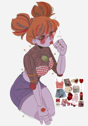 Rule 34 | 1girl, absurdres, black sclera, black streaks, blush stickers, camisole, candy, casual, circus baby (fnaf), colored sclera, commentary, crop top, denim, denim shorts, earrings, english commentary, fashion, five nights at freddy&#039;s, food, food print, freddy fazbear&#039;s pizzeria simulator, green eyes, hand on own leg, heart, heart-shaped eyewear, heart-shaped lollipop, highres, jewelry, joints, jxitrash, lace trim, leaning forward, lollipop, looking at viewer, mechanical parts, messy hair, multicolored hair, no humans, orange hair, photo-referenced, photo inset, plaid, plaid shirt, red-tinted eyewear, red streaks, reference inset, robot, robot girl, robot joints, shaped lollipop, shirt, short hair, short shorts, short twintails, shorts, signature, simple background, solo, spaghetti strap, strawberry print, streaked hair, sunglasses, tinted eyewear, twintails, white background, wire