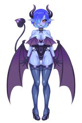 Rule 34 | 1girl, bare shoulders, black sclera, blue hair, blue skin, breasts, choker, colored sclera, colored skin, covered navel, demon girl, demon horns, demon tail, demon wings, earrings, full body, gloves, gluteal fold, hair over one eye, high heels, highres, horns, huge breasts, indie virtual youtuber, jewelry, leotard, looking at viewer, mimizu (tokagex), open mouth, orange eyes, pointy ears, shigarami imu, sleeveless, solo, strapless, strapless leotard, tail, teeth, thighhighs, tongue, transparent background, virtual youtuber, wings