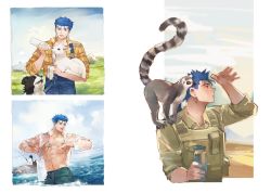 Rule 34 | 1boy, alternate costume, animal, bird, blue hair, blue sky, border collie, bottle, cu chulainn (fate), cu chulainn (fate/stay night), day, dog, earrings, fang, fate/stay night, fate (series), feeding, guttia, in water, jewelry, lamb, lemur, long hair, male focus, multiple views, navel, nipples, open clothes, open mouth, open shirt, outdoors, penguin, plaid, plaid shirt, ponytail, red eyes, sheep, shirt, sky, sleeves rolled up, spiked hair, type-moon, wading, water bottle