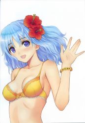Rule 34 | 1girl, :d, absurdres, bare shoulders, blue eyes, blue hair, bra, collarbone, flower, flower bracelet, hair flower, hair ornament, hibiscus, highres, lingerie, long hair, looking at viewer, matching hair/eyes, open mouth, scan, scan artifacts, simple background, smile, solo, tony taka, underwear, waving, white background, yellow bra