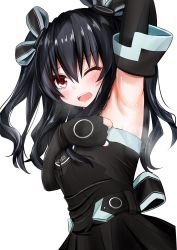 Rule 34 | 1girl, absurdres, armpits, bare shoulders, black hair, blush, ex idol, hair ornament, highres, long hair, looking at viewer, neptune (series), one eye closed, presenting armpit, red eyes, smile, two side up, uni (neptunia)