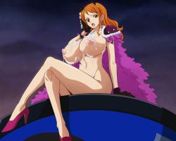 Rule 34 | 1girl, absurdres, breasts, cleavage, cum, cum on body, cum on breasts, cum on upper body, highres, huge breasts, large breasts, long hair, nami (one piece), nipples, nude, nude filter, one piece, orange hair, smile, tattoo, third-party edit