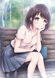 Rule 34 | 1girl, bag, bench, black hair, blue eyes, blue skirt, blurry, blurry background, blush, breasts, calf socks, commentary request, day, elbow on knee, elbow rest, feet out of frame, grin, head on hand, head rest, highres, kirameki no hiroto, knees together feet apart, leaning forward, legs together, medium breasts, on bench, original, outdoors, parted lips, pleated skirt, school bag, sett, shirt, short hair, short sleeves, sitting, skirt, smile, solo, sweat, swept bangs, tree, white legwear, white shirt