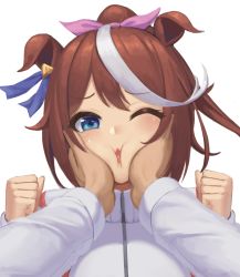 Rule 34 | 1girl, animal ears, arms up, blue eyes, blue ribbon, blush, bow, brown hair, cheek press, cheek squash, clenched hands, collar, collared jacket, hair bow, hair ribbon, hands on another&#039;s cheeks, hands on another&#039;s face, hands up, high ponytail, highres, horse ears, horse girl, jacket, long sleeves, multicolored hair, one eye closed, open mouth, pink bow, ponytail, pov, pov hands, ranma (kamenrideroz), ribbon, simple background, sweat, sweatdrop, tokai teio (umamusume), two-tone hair, umamusume, white background, white hair, white jacket, white sleeves