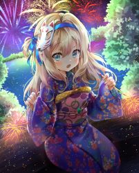 Rule 34 | 1girl, :o, aerial fireworks, bad id, bad pixiv id, baseball cap, blue eyes, blue hairband, blue kimono, blue ribbon, blush, commentary request, fingernails, fireworks, floral print, girls&#039; frontline, hair between eyes, hair ribbon, hairband, hat, highres, holding, japanese clothes, kimono, lake, long hair, long sleeves, looking at viewer, mask, mask on head, melings (aot2846), night, night sky, obi, one side up, open mouth, outdoors, print kimono, ribbon, sash, senkou hanabi, sitting, sky, sleeves past wrists, solo, sparkler, sudeni sokurou, suomi (girls&#039; frontline), teeth, upper teeth only, very long hair, water, wide sleeves