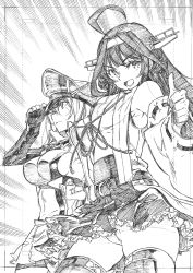 Rule 34 | 2girls, absurdres, ahoge, bismarck (kancolle), breasts, closed mouth, detached sleeves, double bun, frilled skirt, frills, gloves, graphite (medium), greyscale, hair bun, hairband, hat, headgear, highres, japanese clothes, kantai collection, kojima takeshi, kongou (kancolle), long hair, military, military hat, military uniform, monochrome, multiple girls, nontraditional miko, open mouth, panties, peaked cap, ribbon-trimmed sleeves, ribbon trim, sideboob, skirt, thumbs up, traditional media, underwear, uniform