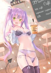 Rule 34 | 1girl, :d, bad perspective, blunt bangs, blush, bottle, bow, bow bra, bow panties, bra, breasts, cafe, chair, chalkboard, character name, coffee, collarbone, cowboy shot, cropped jacket, cup, demon tail, disposable cup, drinking straw, eyes visible through hair, facing viewer, falling petals, fang, floral print, garter belt, garter straps, green eyes, groin, harada haruki, highres, hololive, indoors, jacket, jar, lavender bow, legs together, lingerie, long hair, long sleeves, looking at viewer, lowleg, lowleg panties, menu board, navel, no pants, off-shoulder jacket, off shoulder, open clothes, open jacket, open mouth, panties, panties over garter belt, petals, purple bra, purple hair, purple panties, purple thighhighs, see-through, shelf, side-tie panties, sidelocks, skin fang, small breasts, smile, solo, standing, tail, thighhighs, tokoyami towa, twintails, underwear, underwear only, virtual youtuber, white jacket, wine bottle, wooden floor
