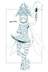 Rule 34 | 1girl, american flag dress, american flag legwear, character name, clownpiece, daitai konna kanji, fairy wings, hat, jester cap, long hair, monochrome, pantyhose, smile, solo, star (symbol), striped, tongue, tongue out, torch, touhou, very long hair, wings