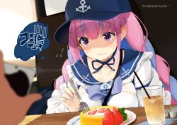 dress flustered food hat highres hololive minato_aqua minato_aqua_(sailor) nejime pink_hair purple_eyes sailor_dress virtual_youtuber