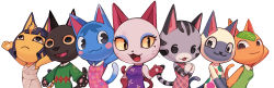 Rule 34 | 6+girls, :3, animal crossing, animal ears, animal hands, ankha (animal crossing), arched back, argyle, argyle clothes, argyle dress, arm behind head, arm up, arms up, bandages, bare shoulders, black eyes, blonde hair, blue eyeshadow, blue hair, blunt bangs, breasts, brown eyes, cat ears, cat tail, closed mouth, colored sclera, dress, egyptian, eyeshadow, female focus, flat chest, floral print, furry, furry female, green dress, green sweater, hair ornament, hand on own hip, hand up, hands up, happy, highres, kiki (animal crossing), leaf, leaning forward, lolly (animal crossing), looking at another, looking at viewer, looking to the side, looking up, makeup, medium breasts, mitzi (animal crossing), mole, mole under eye, multicolored clothes, multicolored dress, multicolored hair, multiple girls, nintendo, olivia (animal crossing), open mouth, outstretched arms, own hands together, pawpads, pink dress, plaid, plaid dress, praise the sun, purple dress, rosie (animal crossing), shiny skin, shirt, short hair, simple background, sleeveless, sleeveless dress, small breasts, smile, snake hair ornament, spread arms, standing, sweater, tail, tangy (animal crossing), tuxedo de cat, two-tone hair, upper body, v arms, whiskers, white background, white dress, white shirt, yellow sclera