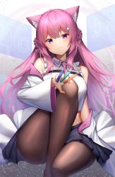Rule 34 | 1girl, animal ear fluff, animal ears, antenna hair, black skirt, breasts, brown pantyhose, coat, coat partially removed, cube, grey background, hakui koyori, highres, holographic interface, hololive, knee up, lab coat, large breasts, legs, looking at viewer, menmen (menmen13s), nail polish, pantyhose, pink hair, purple eyes, skirt, solo, thighs, virtual youtuber, white background, white coat, wolf ears, wolf girl
