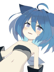Rule 34 | 1girl, ahoge, animal ears, bandeau, bare shoulders, black bandeau, black gloves, blue hair, blush, collarbone, dutch angle, fang, gloves, hair between eyes, hair intakes, navel, original, pappii (paprika shikiso), paprika shikiso, parted lips, purple eyes, simple background, solo, sweat, upper body, wavy mouth, white background
